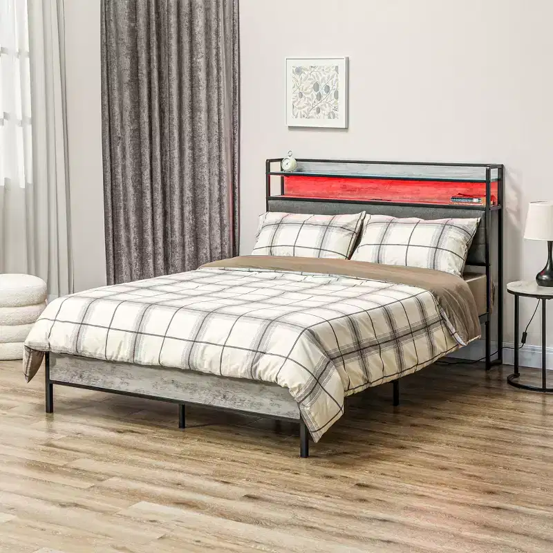 HOMCOM Bed Frame with Storage Headboard, Platform Bed Frame with LED Lights, Charging Station, Noise-Free & Easy Assembly, Cement Gray