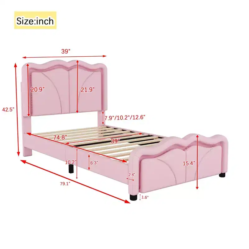PU Upholstered Platform Bed with Height-adjustable Headboard for Kids Room, Pink
