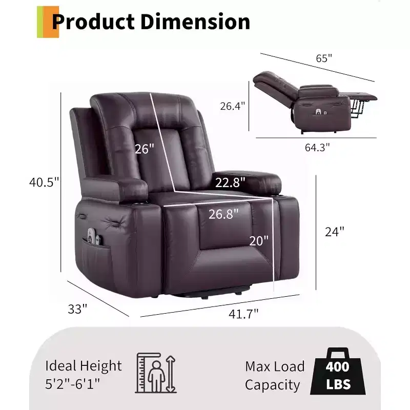 Oversized Power Lift Recliner Chair - Heat and Massage, PU Leather Electric Lift Recliner for Elderly & Mobility Impaired