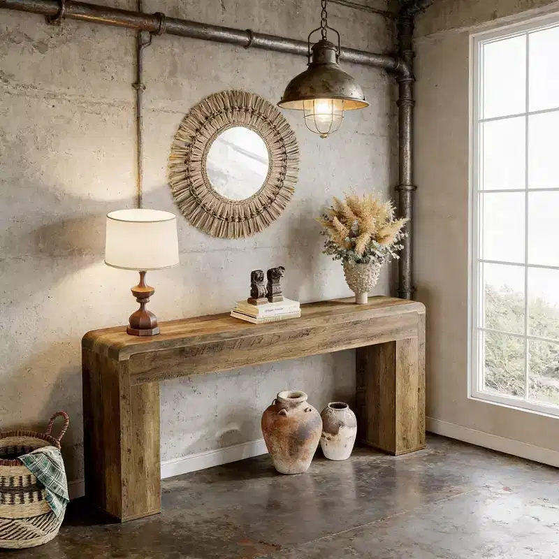 Brown Rectangular Console Table, 1-Person Assembly, Farmhouse Style