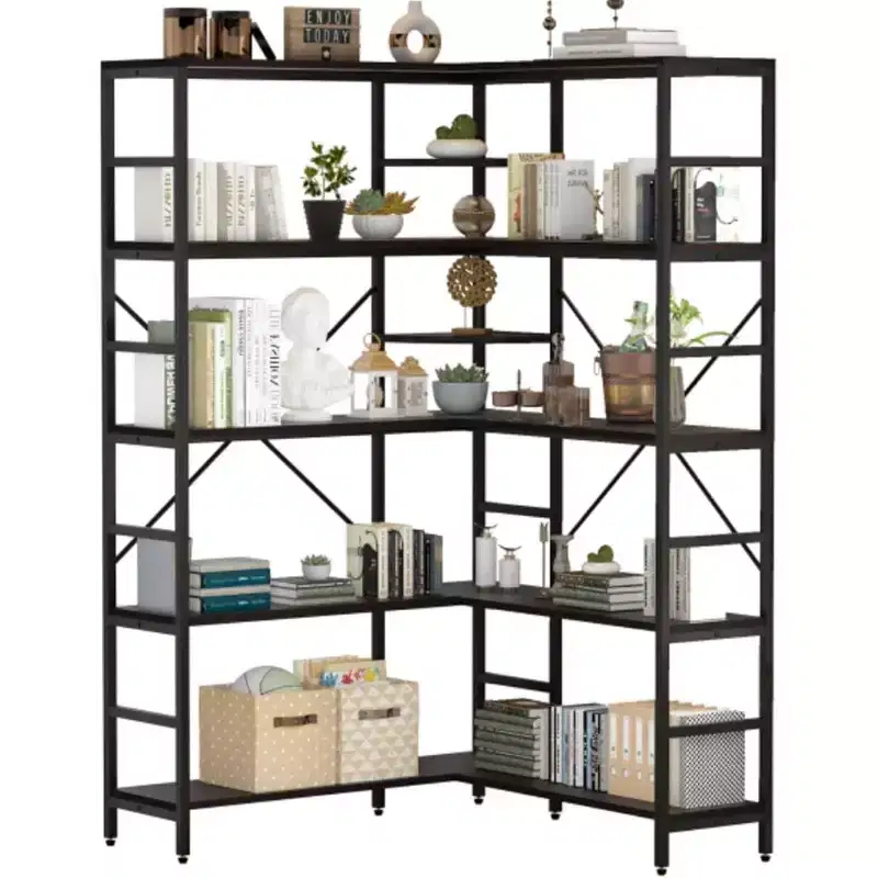 5 Tier Corner Bookcase, Industrial L-Shaped Wooden Bookcase, Large Storage Display Shelf with Metal Frame, Home Office, Living Room, Kitchen