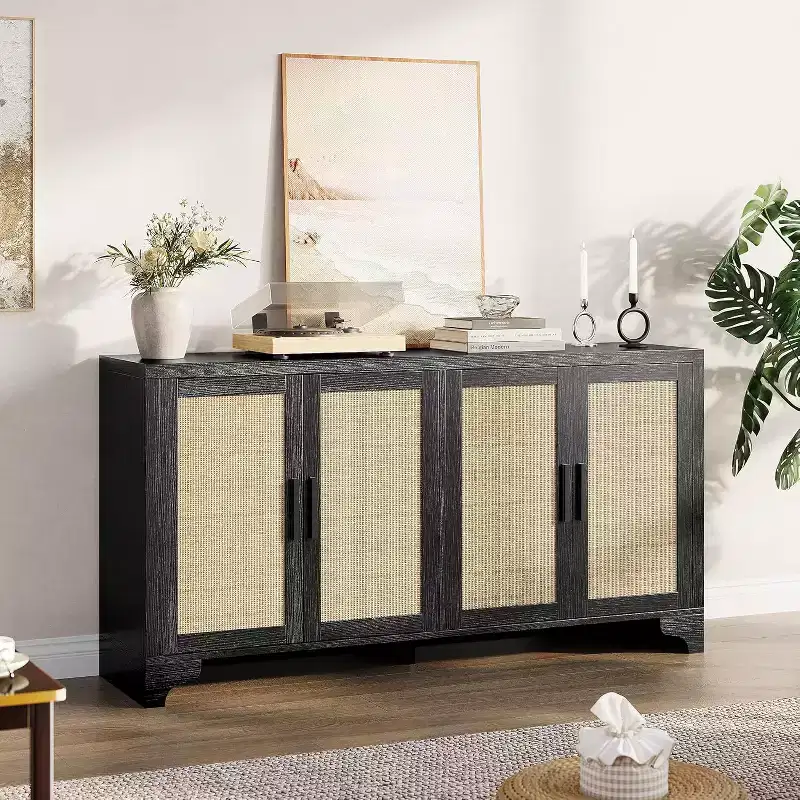 Natural Rattan 4-Door Sideboard Buffet Cabinet, Entryway Console Table, Coffee Bar, and Storage Buffet for Dining Room, Kitchen, and Living Room