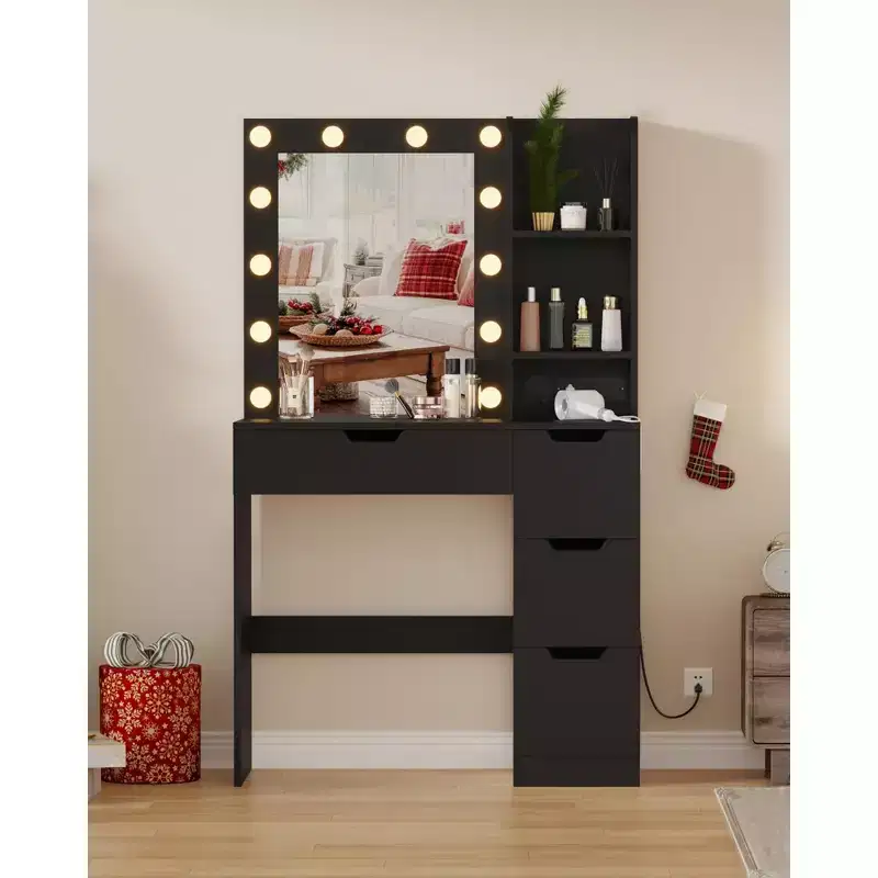 Makeup Vanity Desk with 4 Drawers, 2 Shelves, Modern Dresser, Bedroom or Dressing Room