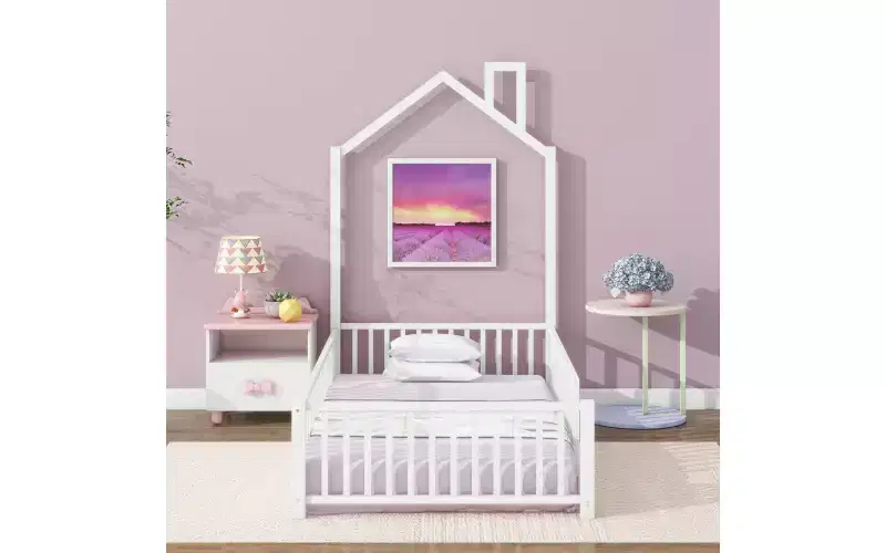 Bellemave Twin Size Metal House Platform Bed with Guardrail and Chimney, White