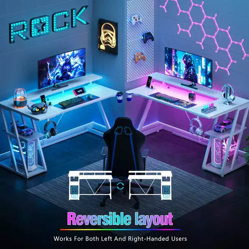 55 inch L Shaped Corner Gaming Desk White Computer Table with Monitor Stand 3 Tier Storage Shelves Modern Gamer Desk for Bedrooms PC Study Room Setup