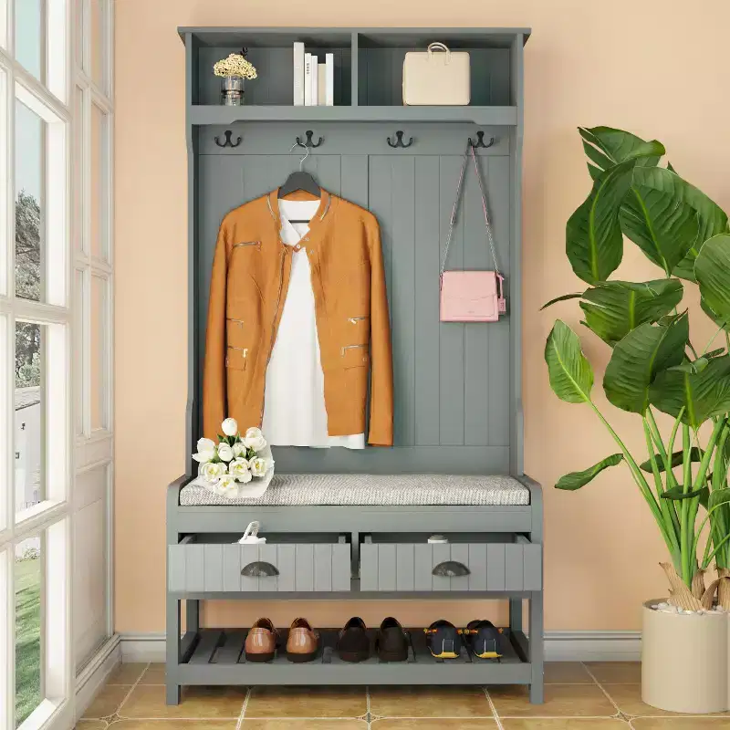 Famapy Wood 3-in-1 Hall Tree with 4-Metal Hooks Storage Bench