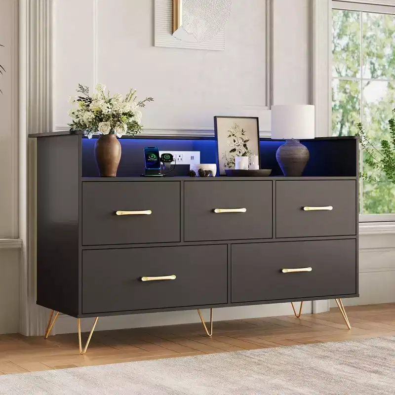Dresser for Bedroom, 47 Wide Chest of Drawers with LED Lights, Charging Station & 5 Smooth-Sliding Drawers, Modern Wood Storage Cabinet