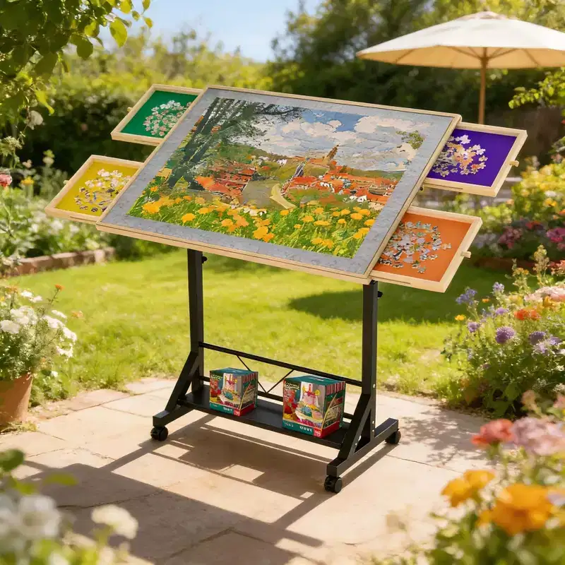 JVNOXK Wooden Puzzle Table with Drawers, Adjustable Puzzle Table, 360 Tilting Puzzle Table with Legs and Wheels, Height and Angle Adjustable