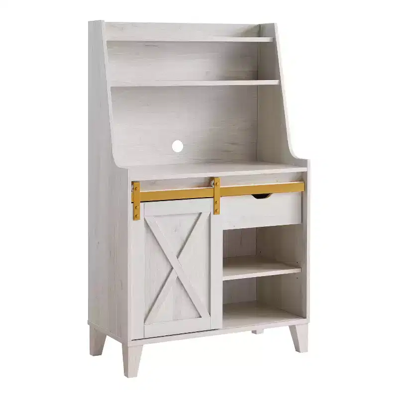 Farmhouse Baker's Rack with Storage Drawer and 4 Shelves, White Oak
