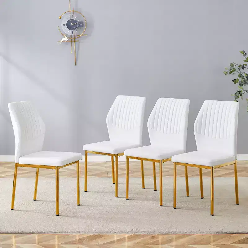 MAYEERTY Set of 4 Luxury Simple Dining Chairs White PU Gold Legs Vertical Stripe Back