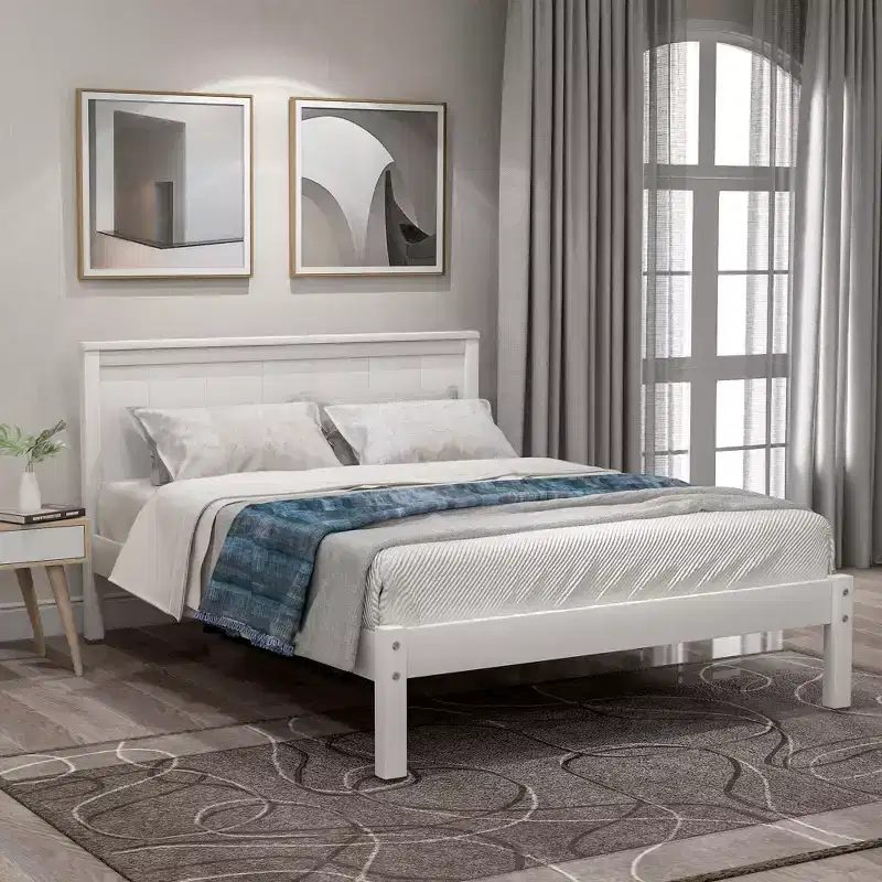 Twin Size Platform Bed With Headboard, Easy Assembly, White