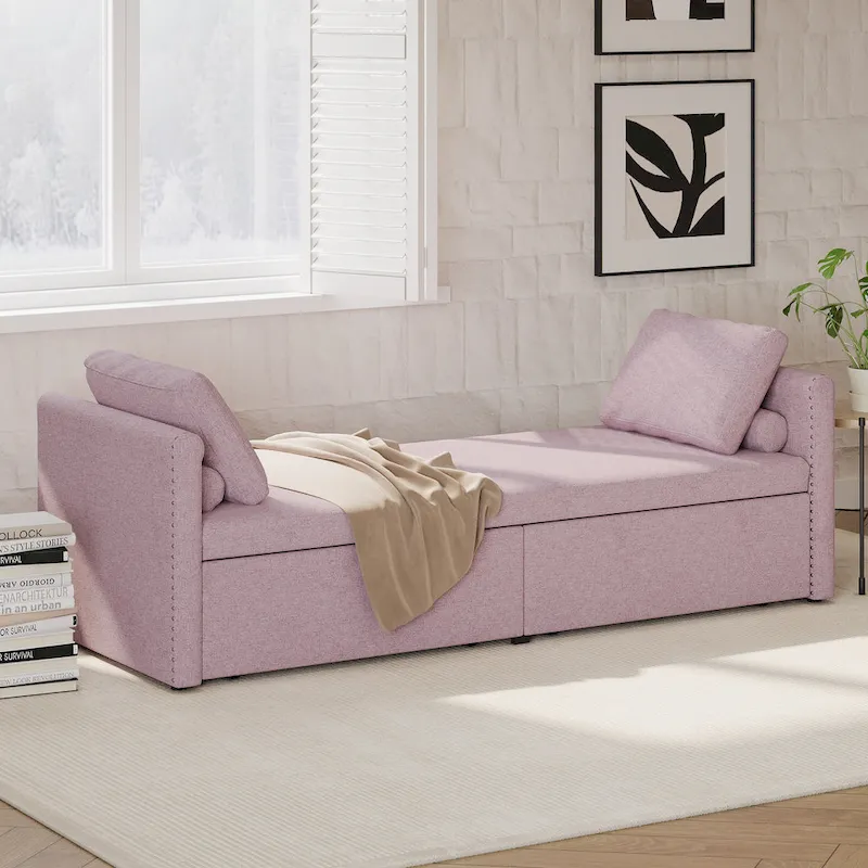 Pink Modern 81.5 Linen Upholstered Chaise Lounger Daybed with Pillows and 2 Drawers for Living Room