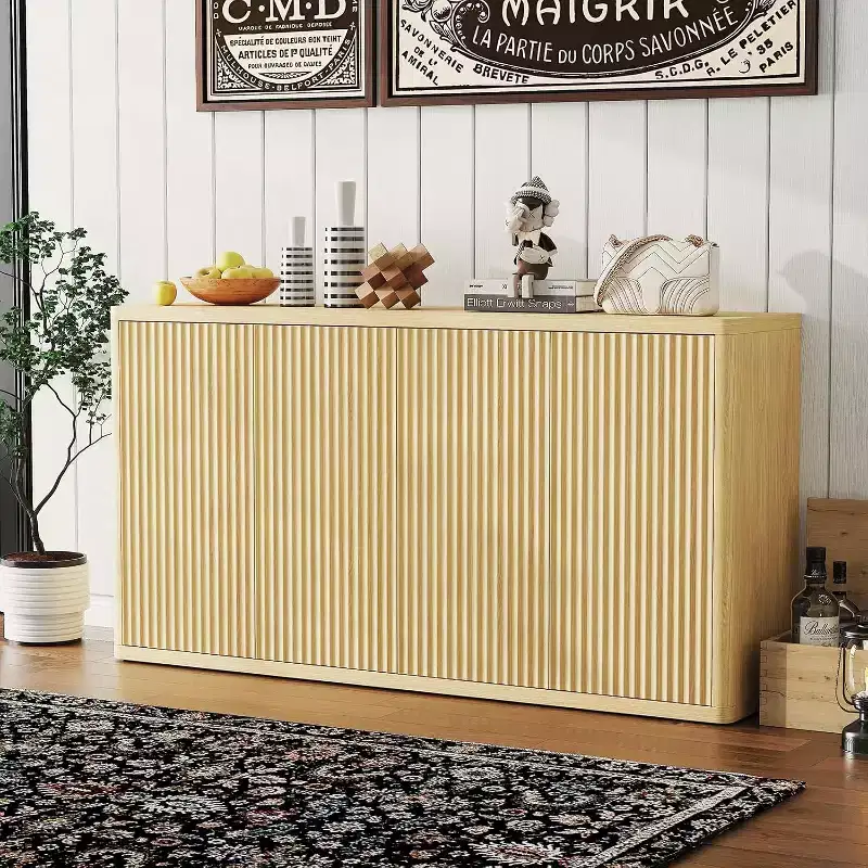 66.3 Sideboard Buffet Cabinet with Storage, 4-Door Modern Fluted Credenza,Natural Oak Accent Cabinet for Living Room,Kitchen,Dining Room,or Entryway