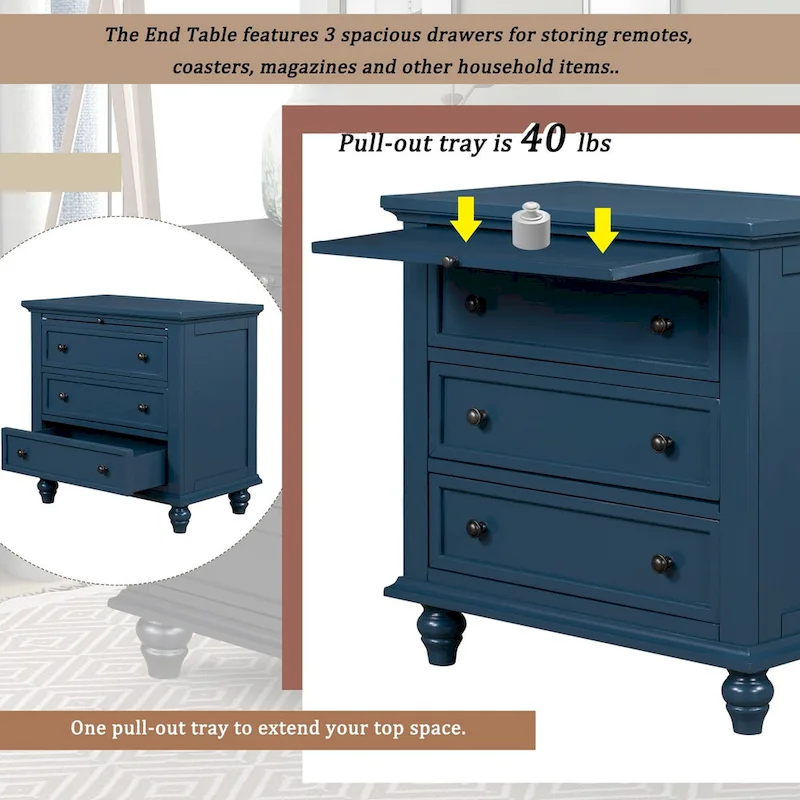 Solid Pine Wood End Table with Pull-out Tray and 3 Drawer, Easy Assembly