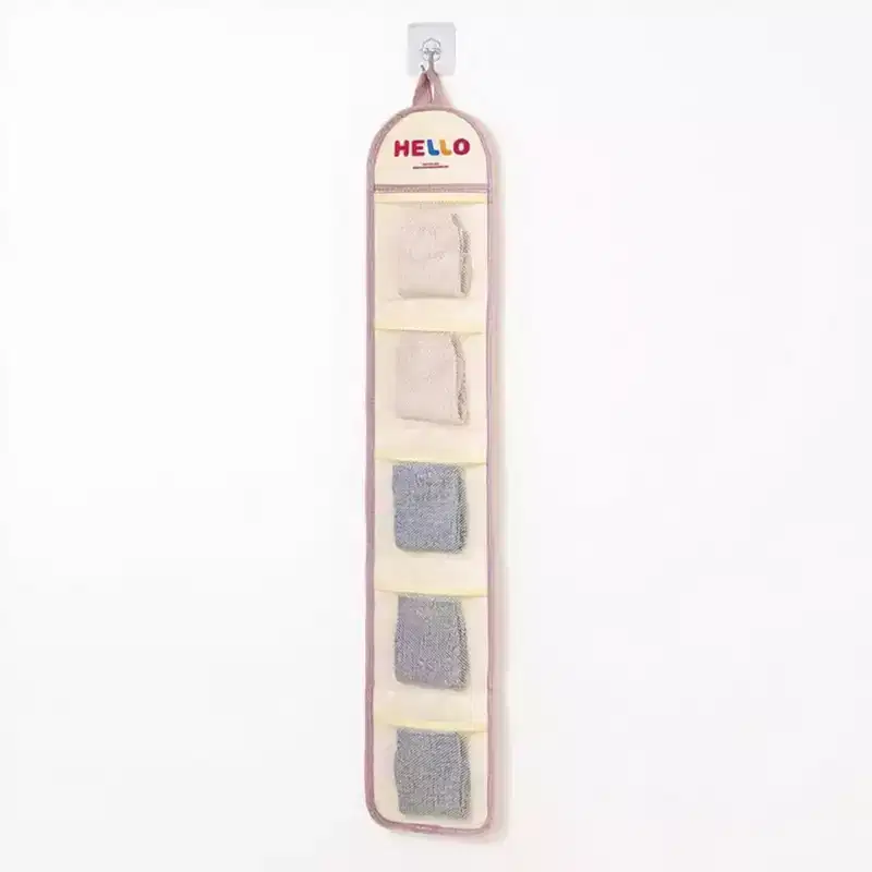 Hanging Wall Storage Organizer with multiple Mesh Pockets and HELLO Print Design