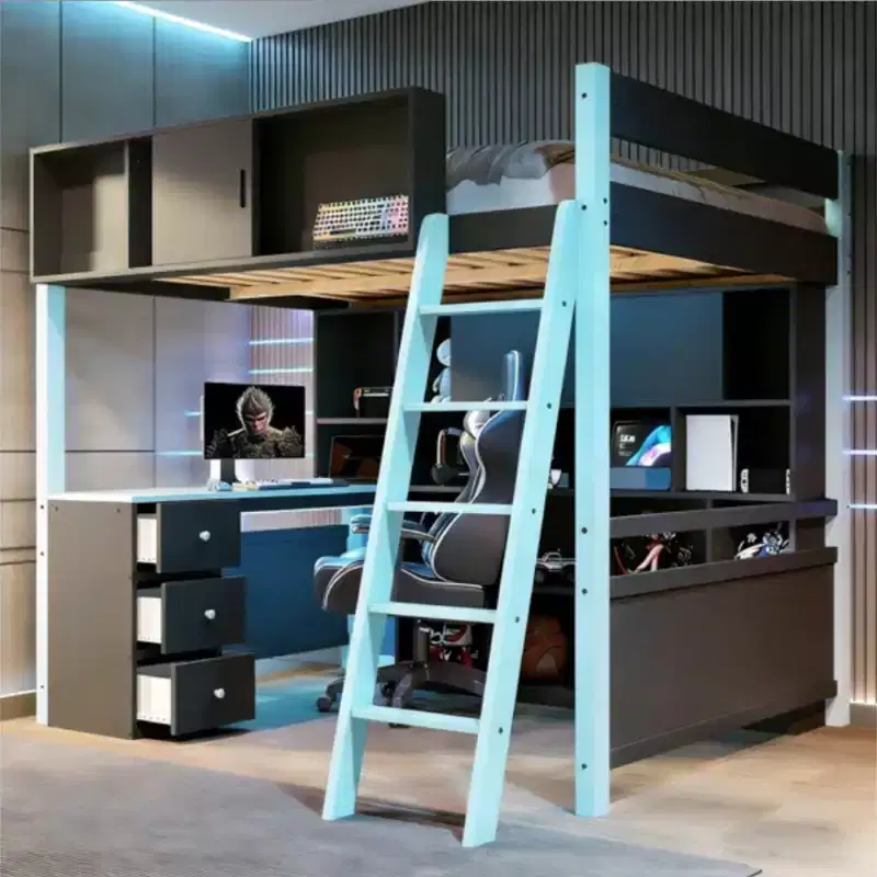 Luxystar Full Size Modern Loft Bed With Lighted Desk, 3 Drawers and Storage Bookcase
