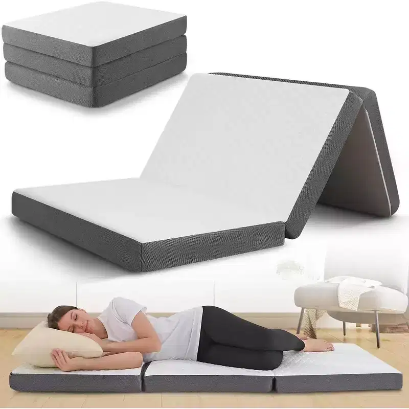 Queen 4 Inch Thick Portable Tri Folding Mattress with Memory Foam Layer with Washable Cover | Non-Slip Bottom Perfect Guest Bed-White
