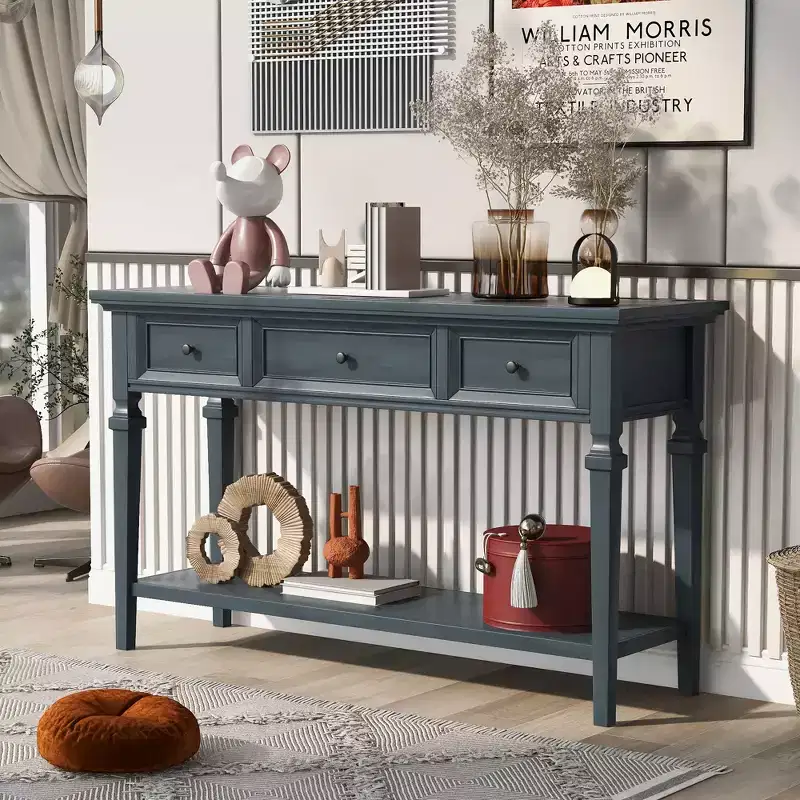Whisen Classic Retro Style Console Table with 3-Top Drawers and Open Shelf
