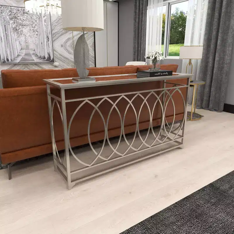 Metal and Mirror Trellis Design Front and Sides Console Table Silver