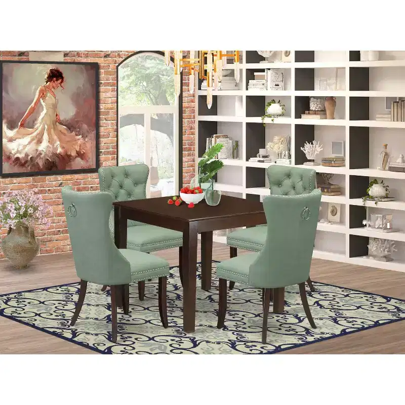 5-Piece Mahogany Finish Solid Wood Top - Square Upholstered Dining Room Set - Seats 4