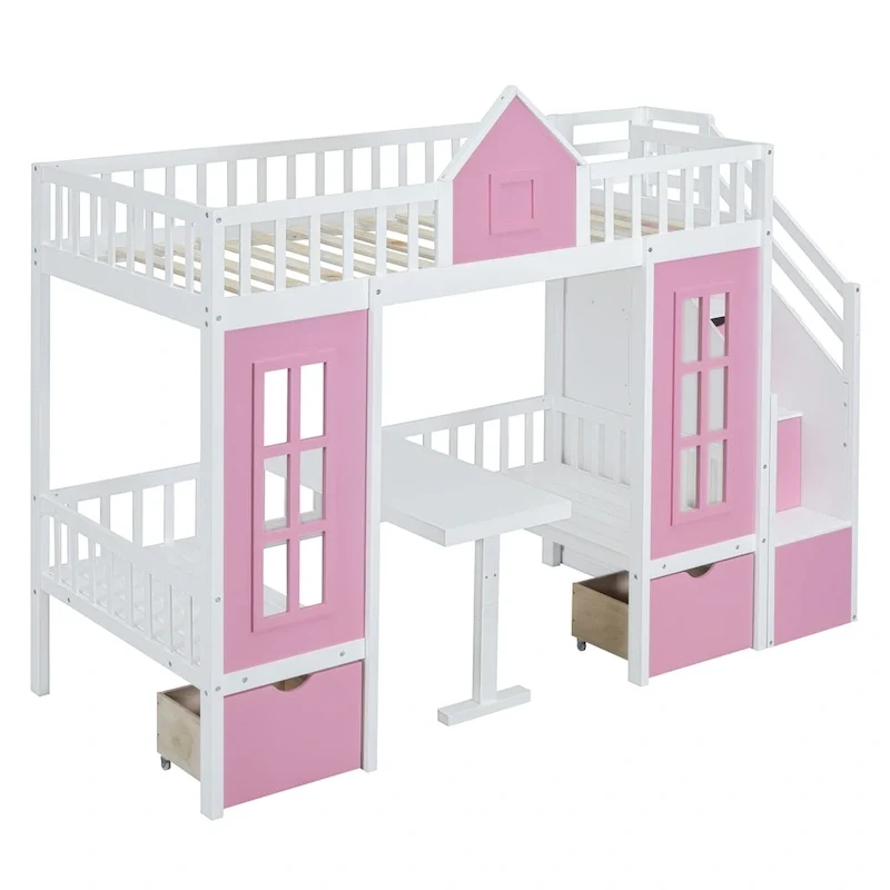 Twin-Over-Twin Bunk Bed with Changeable Table, Bunk Bed Turn into Upper Bed and Down Desk -Gray
