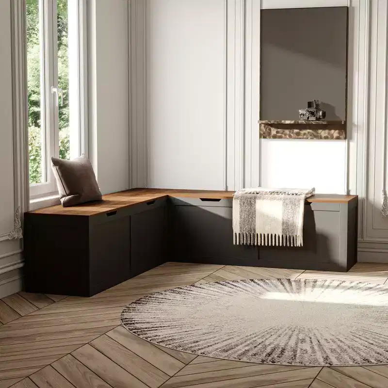 Famapy Black L-Shaped Corner Bench with Storage  Flip-Top Shoe & Item Organizer for Entryway or Room