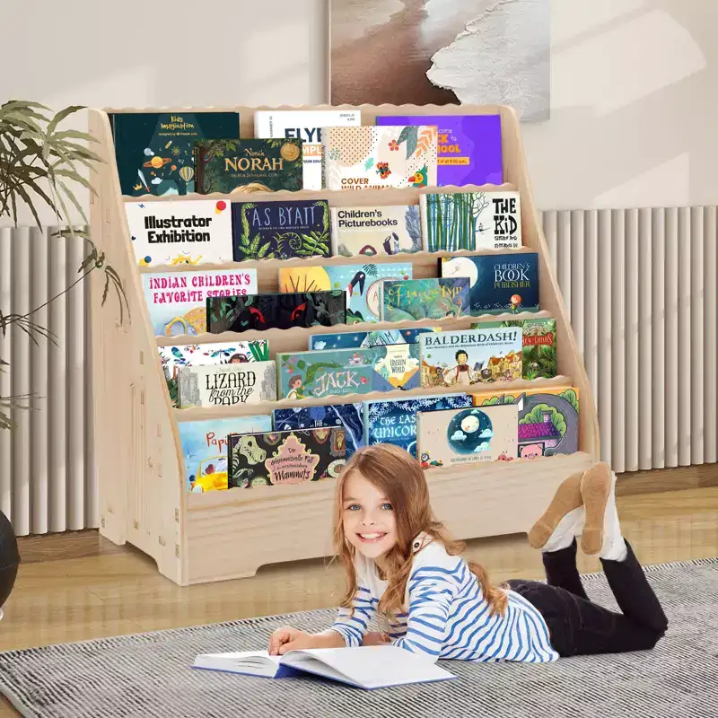5-Tier Kids Bookshelf with Storage,Toddler Book Display Shelves, Book Rack, Multi-Functional Story Book Organizer, Painting Book Shelf for Kids Room
