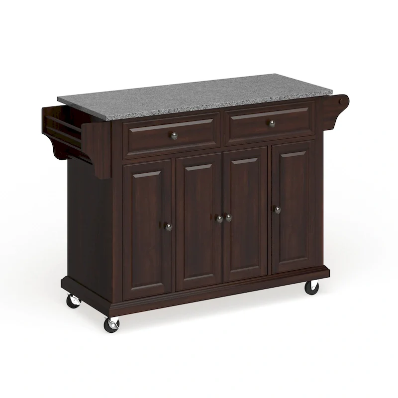Full Size Kitchen Cart, Granite Countertop, Mahogany Finish, 3 Cabinets, 2 Drawers, 100 lb Capacity