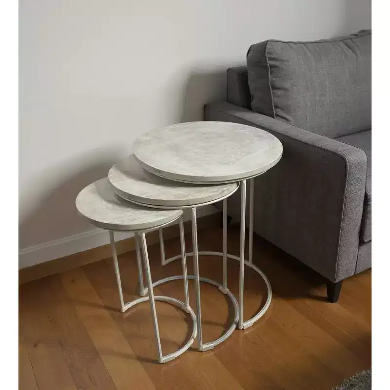 HomeRoots Set of Two White Solid Wood and Metal Round Frame Nested Tables