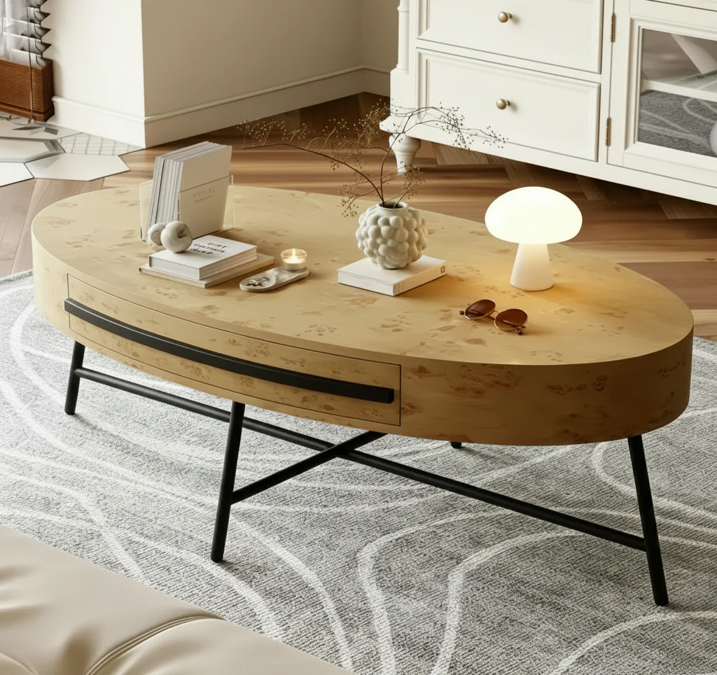 Coffee Table Mid-Century Modern Oval - 47.2 Wooden Storage Table with Drawer, Unique Curved Design & Cross Metal Legs for Living Room