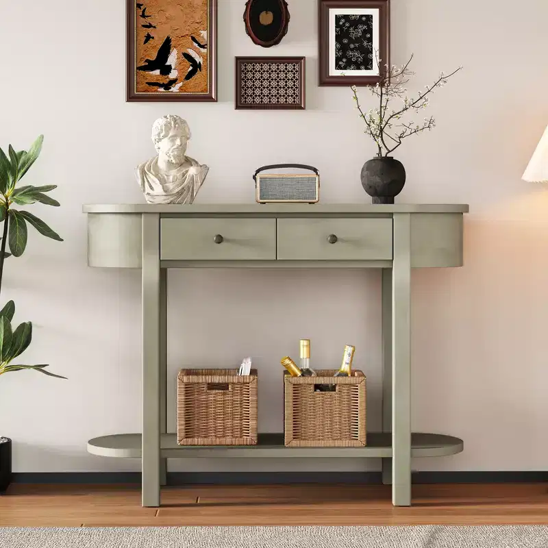 MAYEERTY Retro Console Table with Curved Design and Smooth Glaze for Entryways Living Room Hallways Turquoise Gray