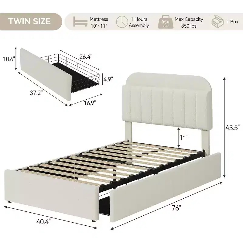 Twin Size Bed Frame, Easy Assembly Space Saving Design for Living Room & Guest Room, Beige