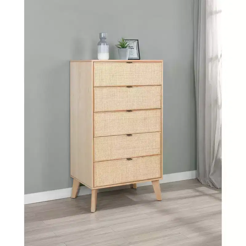 Boho Wood Rattan 5 Drawer Chest Dresser Natural