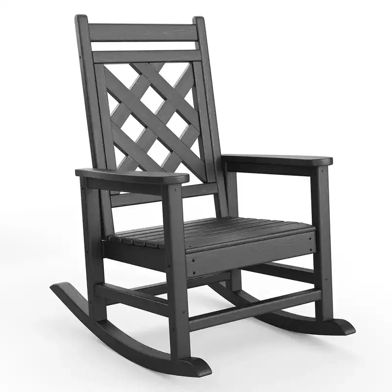 Outdoor Rocking Chair, HDPE Weather Resistant Patio Rocking Chair Porch Rocker with Wood Texture & 380Lbs Support for Deck, Pool, Backyard, Black