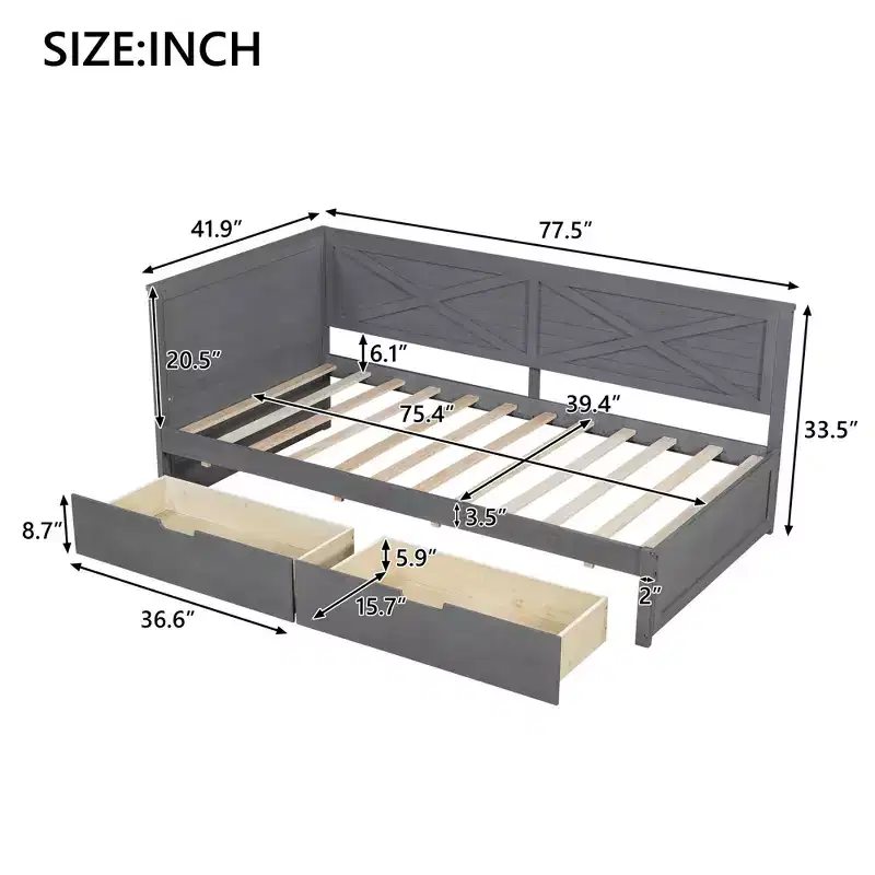 Bellemave Rustic Twin Size Daybed Frame with Storage Drawers, Wood Daybed Twin Size with Storage for Living Room,Bedroom Guest Room,Grey