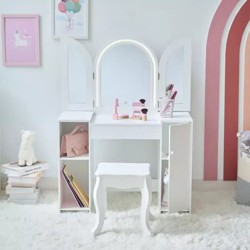 Wooden Vanity Desk with LED Mirror, White