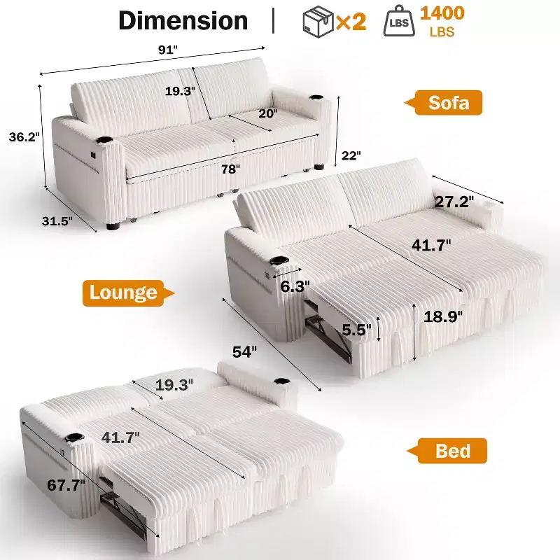 91'' Sectional Sleeper Sofa Bed with Pull Out Bed, with Reclining Backrest/Two Pull Out Beds/USB Ports/Cup Holders, Plush Corduroy