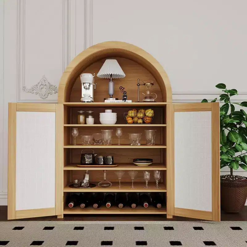 47'' Modern Arched Sideboard Buffet Cabinet w/Storage Freestanding Kitchen Pantry Cabinet with Rattan Doors for Living Room, Dining Room, Hallway