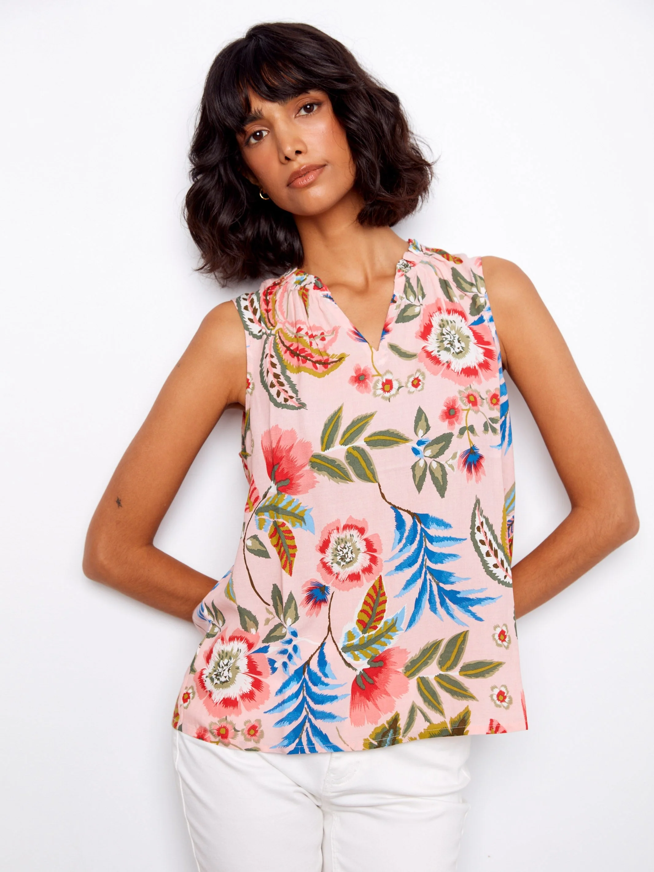 Printed Sleeveless Ruffle Neck Top - Pink Floral