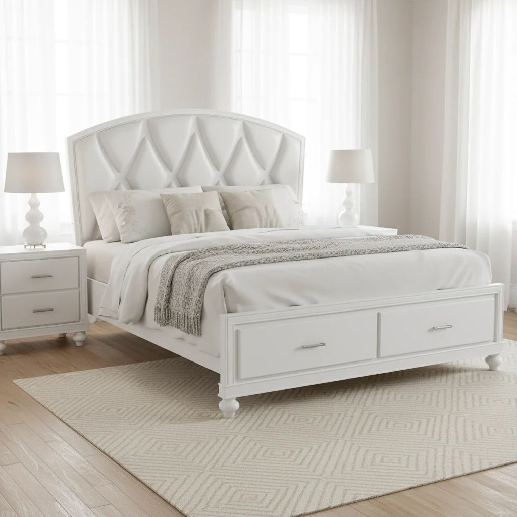 Queen Platform Bed with LED Accents, Silver Faux Leather Upholstery, White
