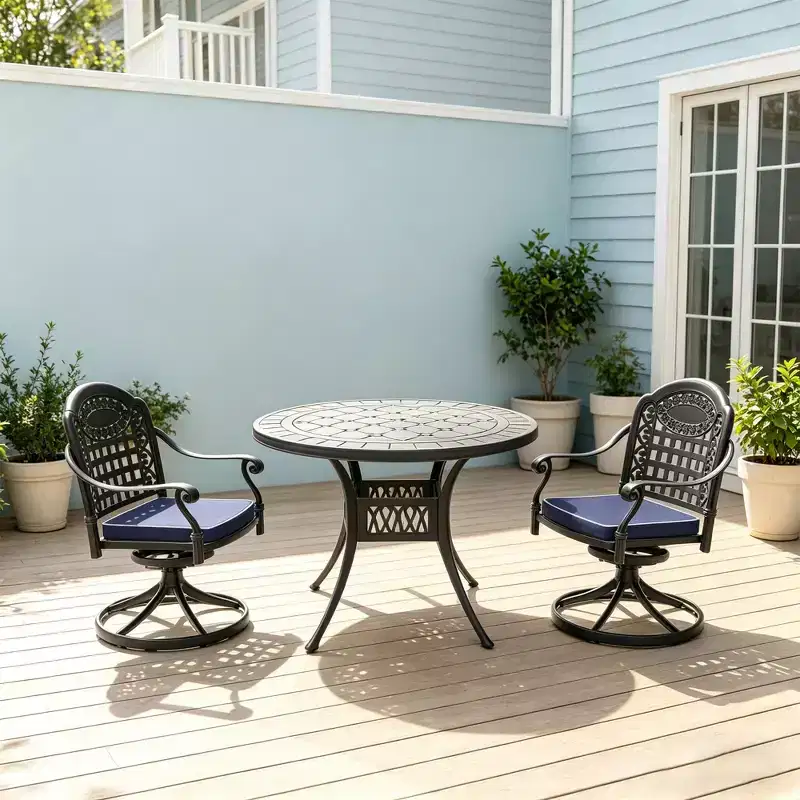 3 Piece Cast Aluminum Patio Dining Set, 1 Round Table + 2 Swivel Chairs, Black Rust Resistant Frame with Blue Water Resistant Cushions