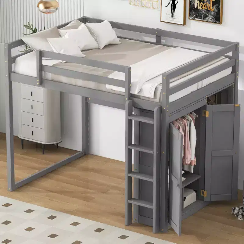 Full Size Loft Bed with Built-in Wardrobe, Storage Shelves & LED Light