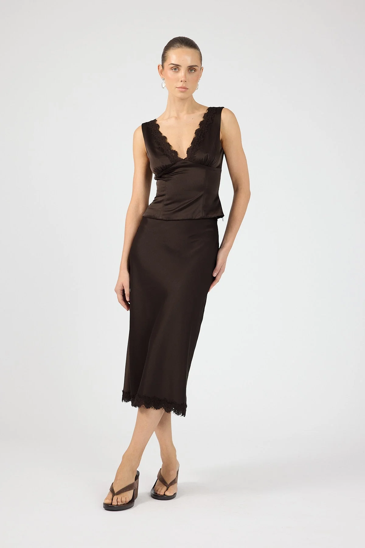 Satin Lace Midi Skirt Brown