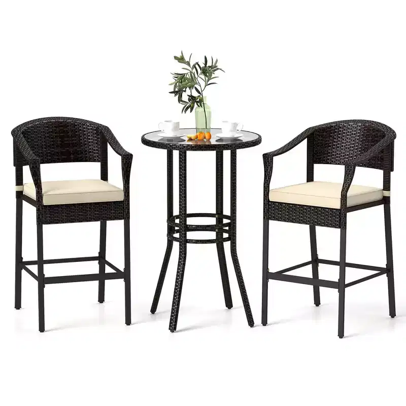 Costway 3 PCS Patio Rattan Bar Set Wicker Armchairs & Round Table with Tempered Glass Top