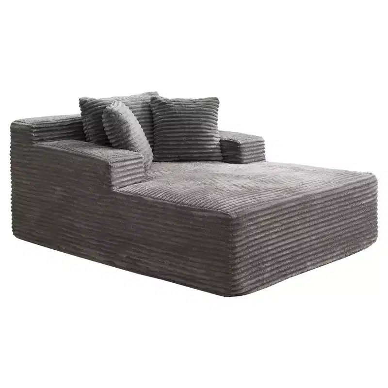 Gray Corduroy Upholstered Chaise Lounge for 1, with 3 Throw Pillows