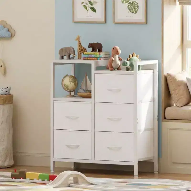5-Drawer Cabinet with Open Shelf, Fabric Lateral Filing Cabinet for Office
