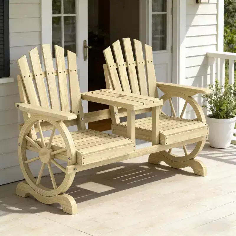 GDFStudio Sydel Wagon Wheel Patio Bench with Center Table and Storage Compartment