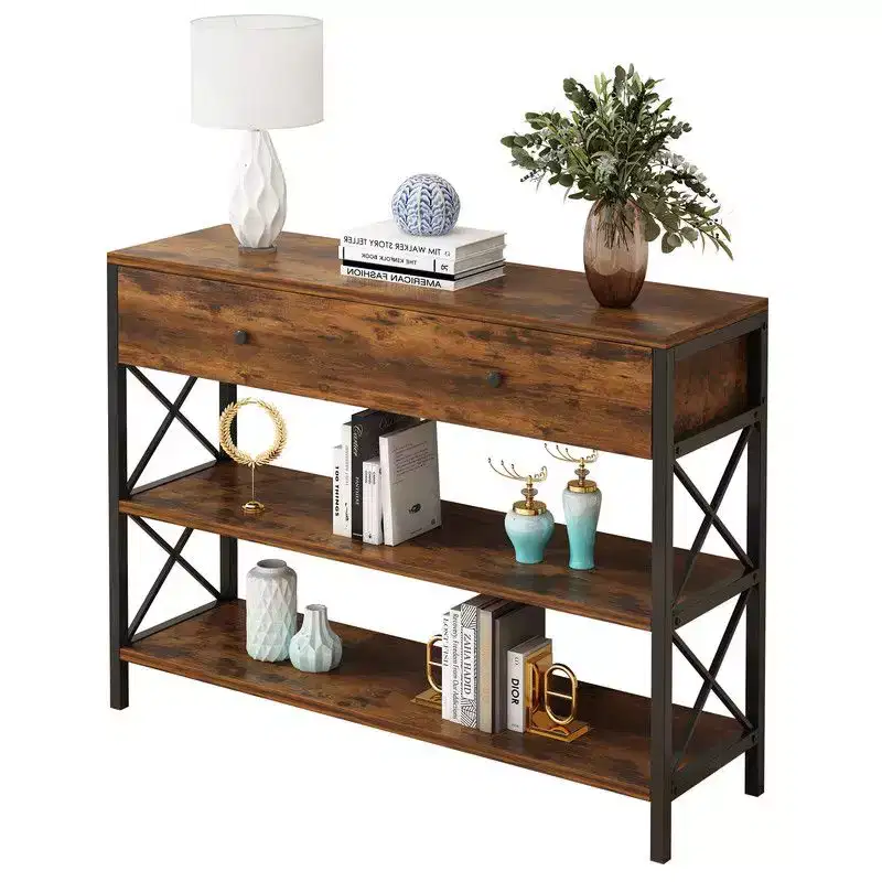 39.37in Side Frame Double X Cross with Single Large Drawer Particle Board Iron Frame Vintage Brown Panel Black Frame Entryway Table