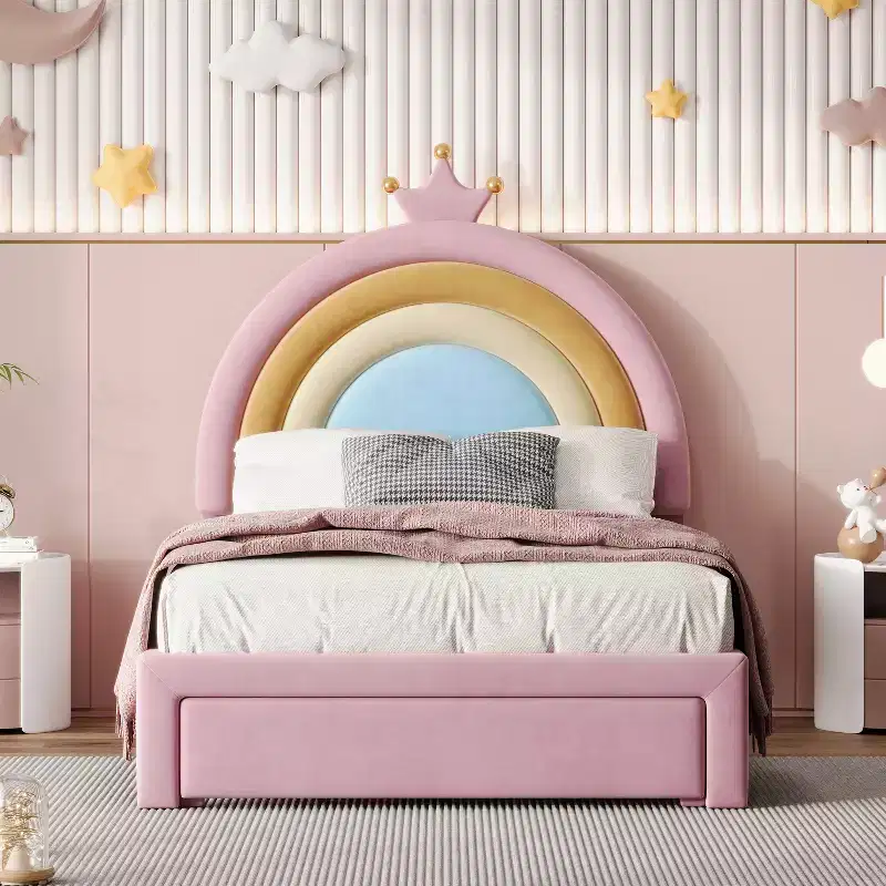 Twin/Full Size Velvet Upholstered Rainbow Design Bed, Princess Platform Bed with Storage Drawer, Pink - ModernLuxe