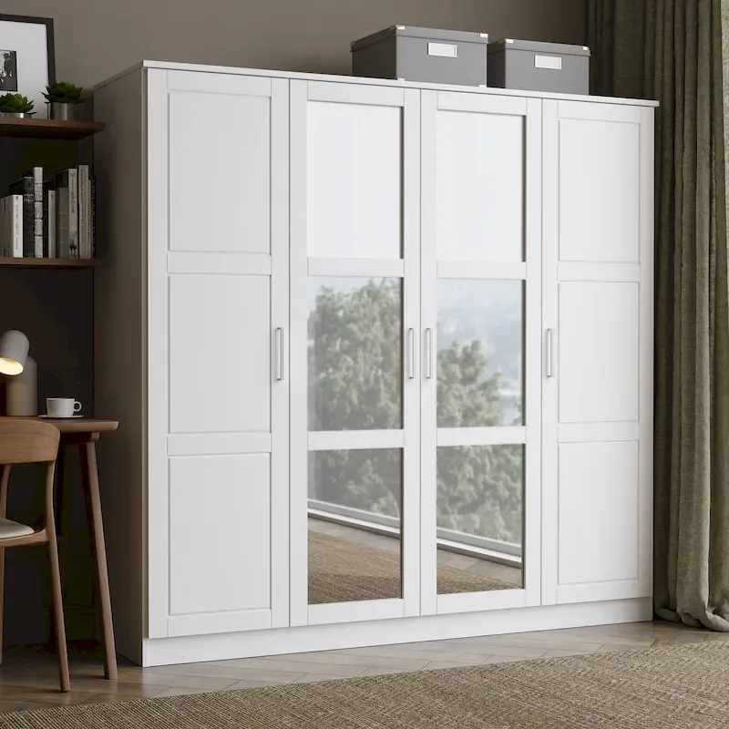 100% Solid Wood  4-Door Wardrobe with Solid Wood or Mirrored Doors